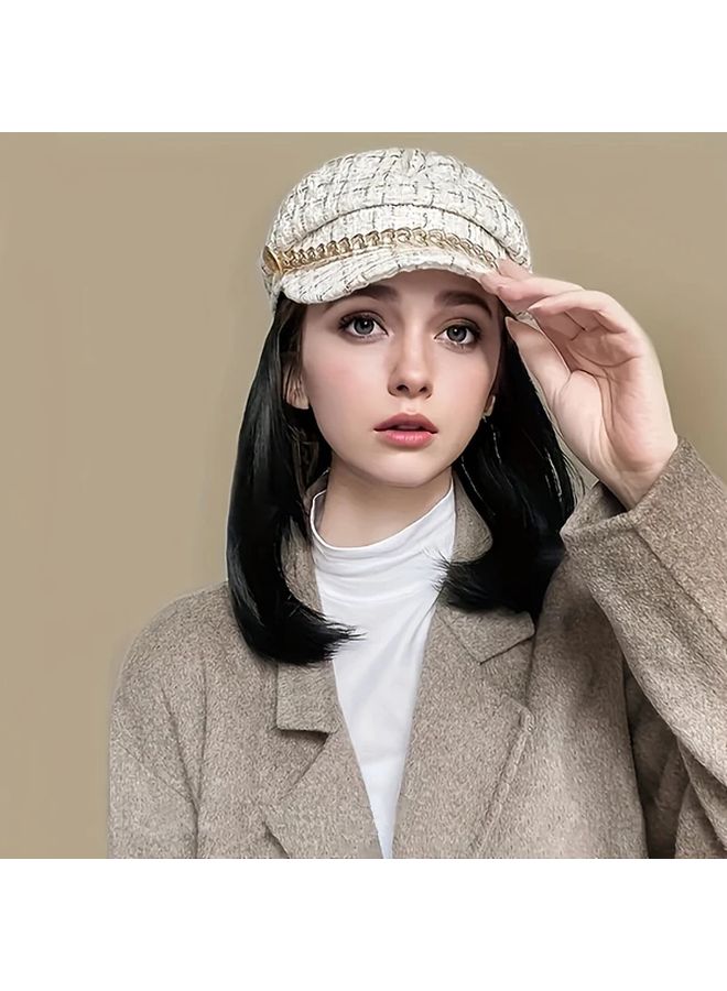 10 Inch Short Straight Hair Wig With Tweed Plaid Newsboy Cap For Women Color AT436 9 6A - Image 1